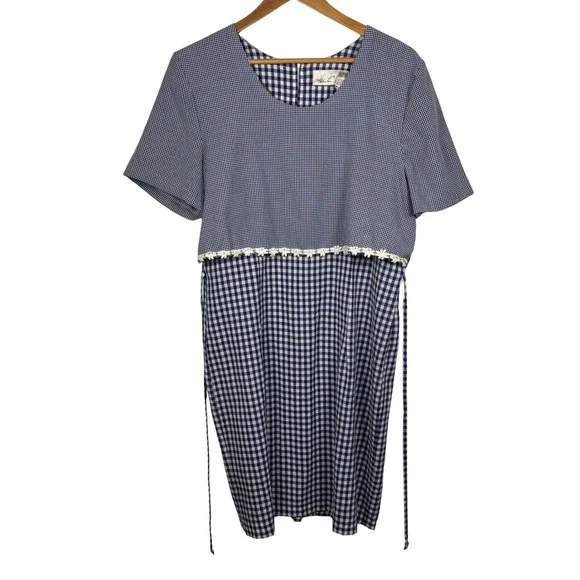 Cottagecore Vintage Gingham Dress Blue White Short Sleeve Lace Trim - Picture 1 of 6